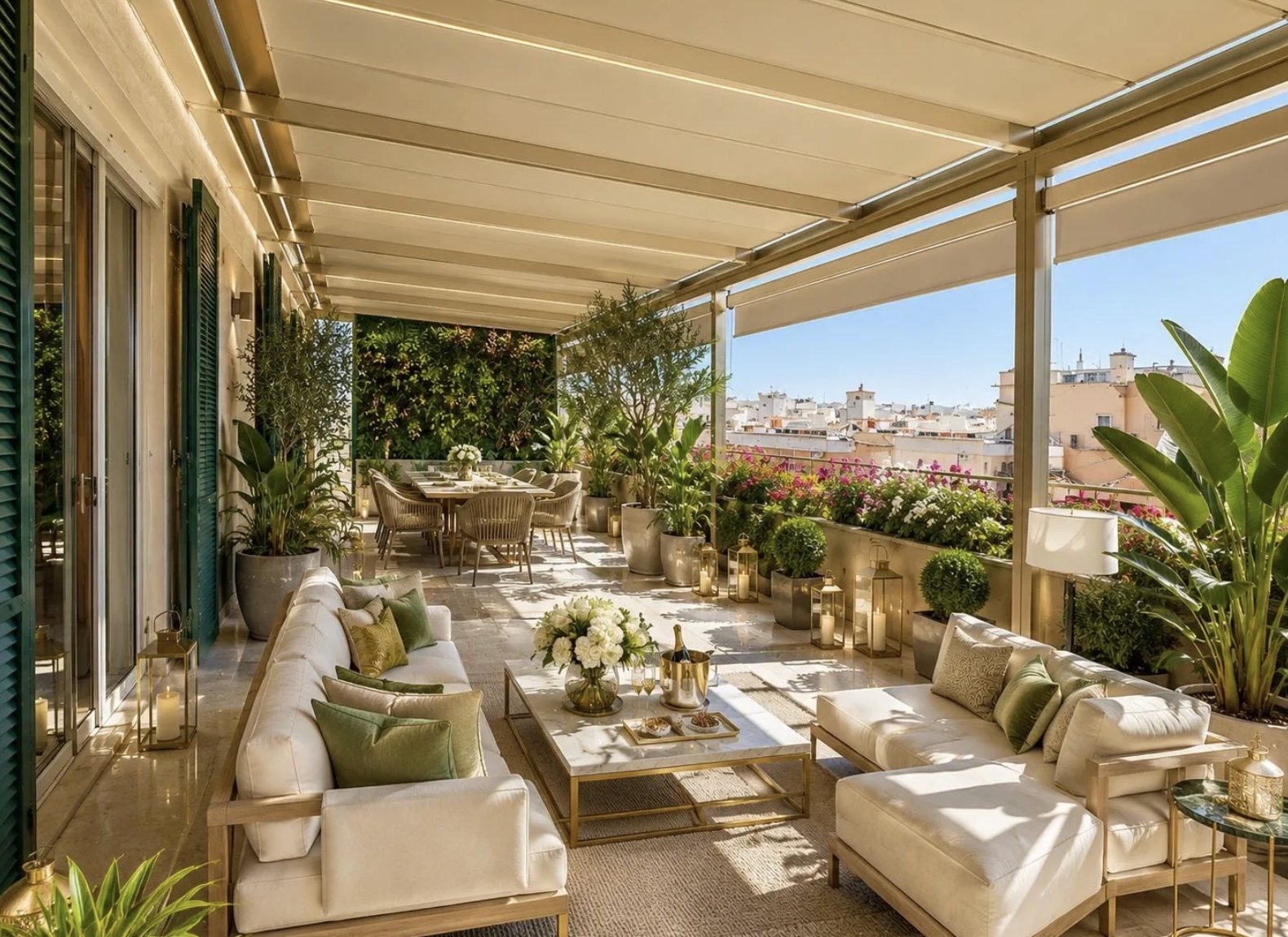 Covered rooftop terrace with lounge seating and dining table overlooking the rooftops of Trastevere, Rome